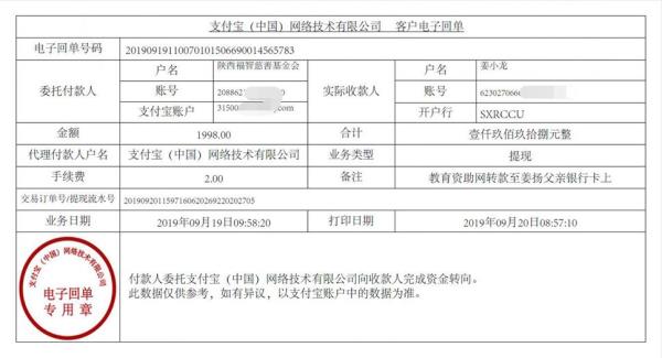 教育资助网转款给姜扬同学的电子回单