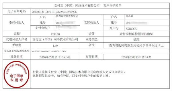 教育资助网给周松同学转款的电子回单