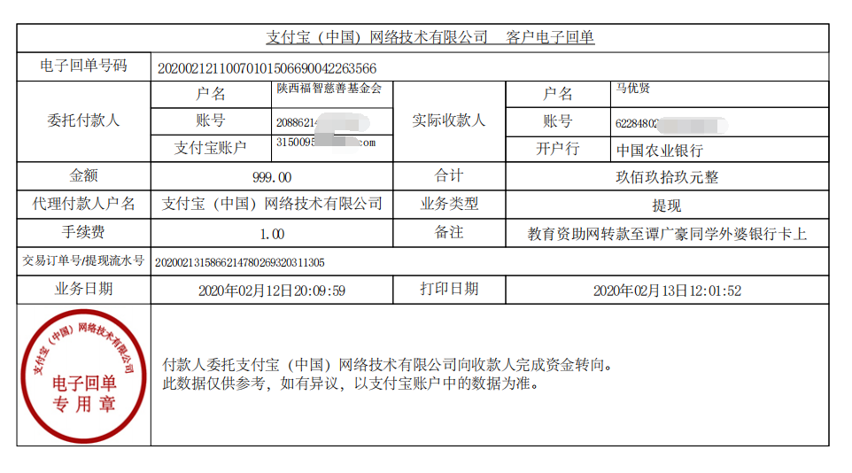 教育资助网给谭广豪同学转款的电子回单
