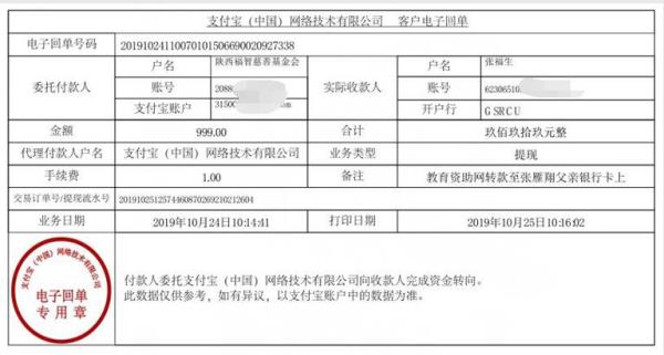 教育资助网转款给张雁翔同学的电子回单