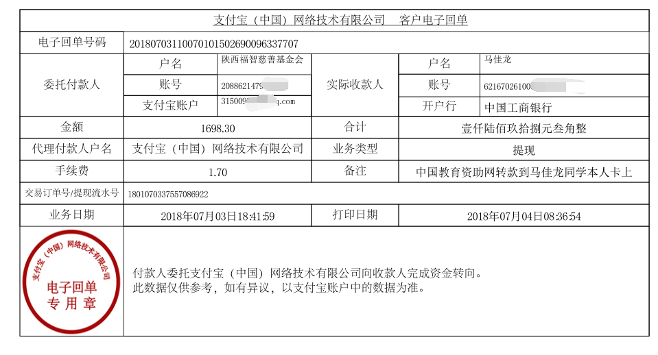 中国教育资助网给马佳龙同学转款的电子回单
