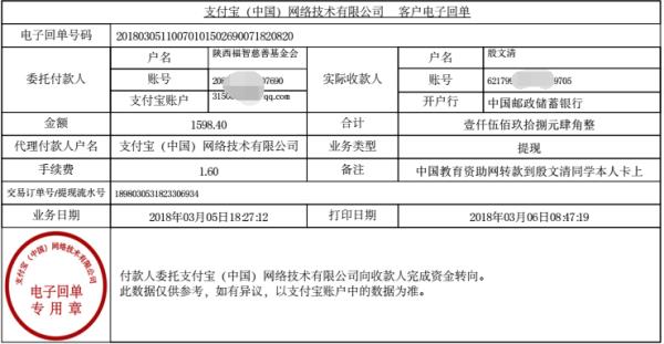 中国教育资助网给殷文清同学转款的电子回单