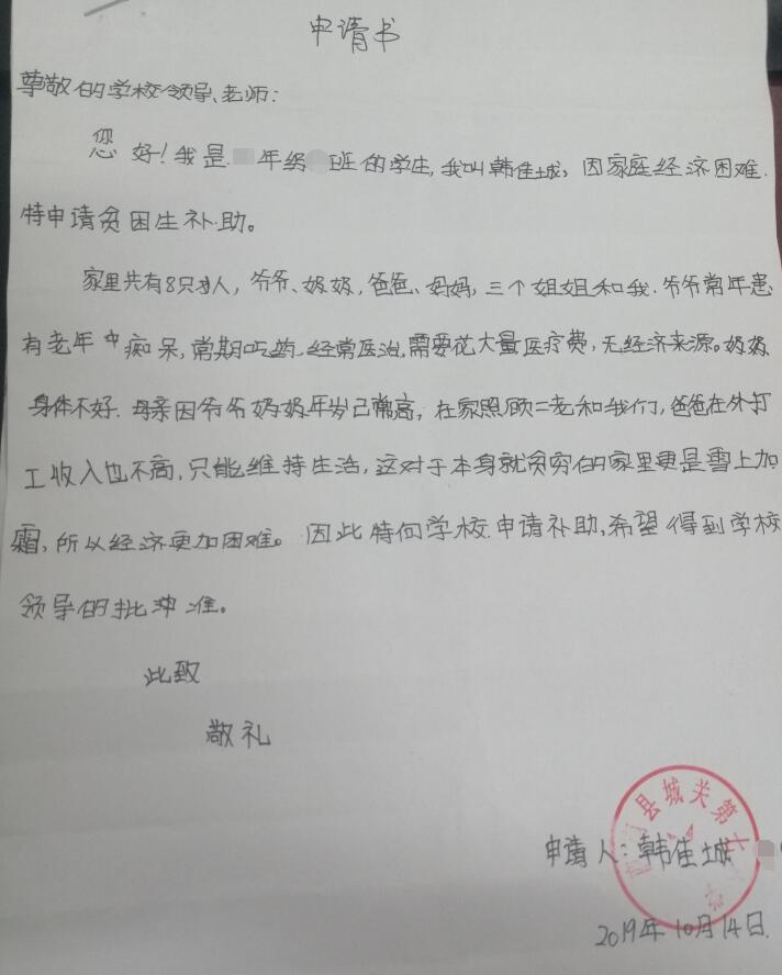 韩佳城贫困申请书